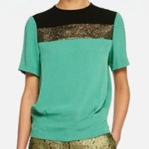 Diane Von Furstenberg Silk Top Darla Short Sleeve Green Color block  Size  4